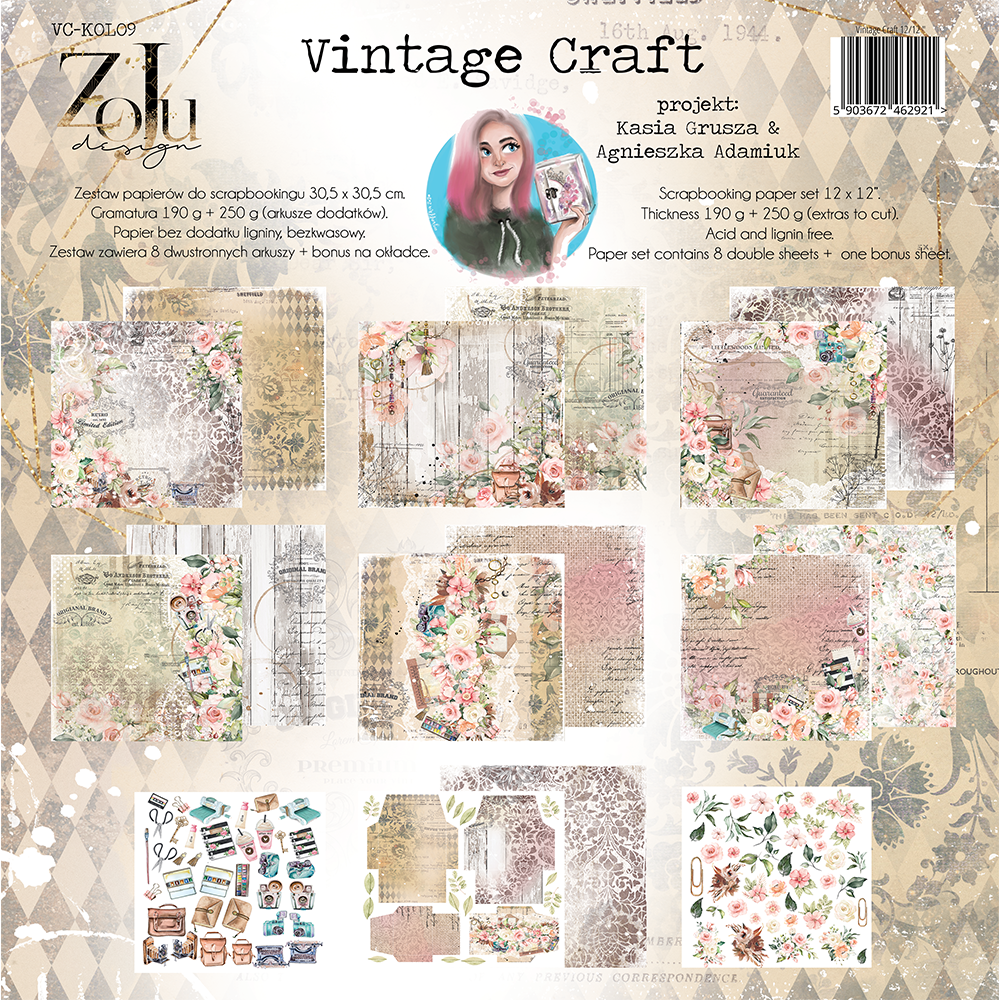 Набор двусторонней бумаги "VINTAGE CRAFT" 30 х30 см, 8 листов + бонус, 190 г/м2, от ZoJu Design