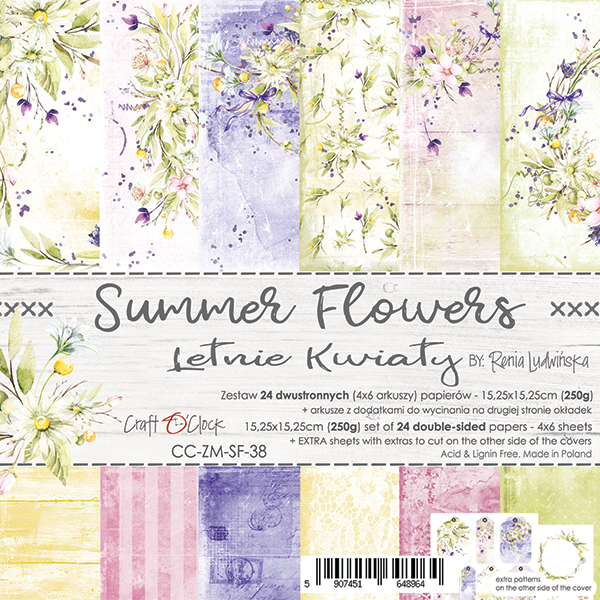 1/4 Набора двусторонней бумаги SUMMER FLOWERS, 15,25х15,25 cm, 190 гр./кв.м, 6 л. (6л.х1) от Craft O'Clock