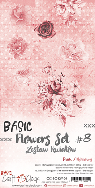 1/3 Набора бумаги с элементами для вырезания BASIC FLOWERS - SET 08 PINK- 15,5x30,5cm, 250 гр./кв.м, 6 л, от Craft O'Clock