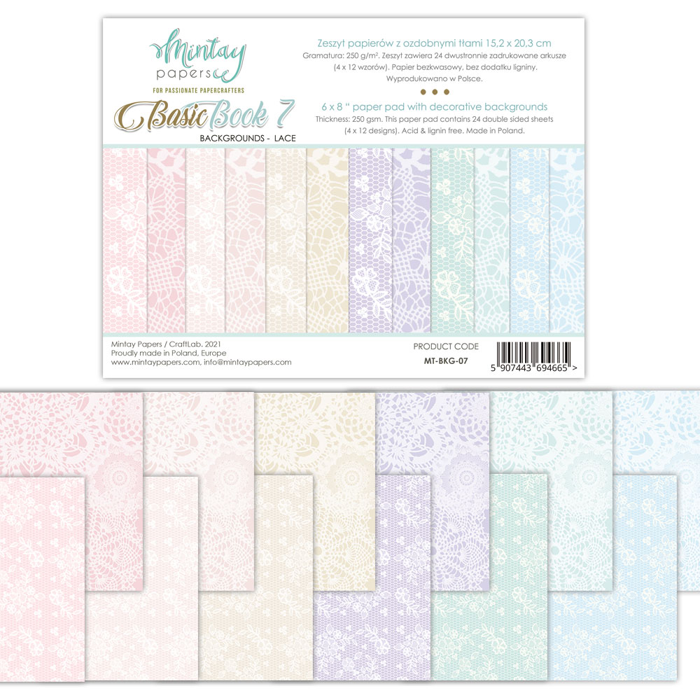 1/2 фонового набора двусторонней бумаги "Basic Book 7" Backgrounds - Lace 15,2х20,3 см, 240 г/м, 12 двухсторонних листов (6 дизайнов х 2), от Mintay Papers