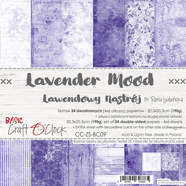 1/4 Набора двусторонней бумаги LAVENDER MOOD, 20,3x20,3cm, 190 гр./кв.м, 6 л. (6л.х1), от Craft O'Clock