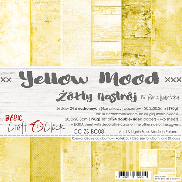 1/4 Набора двусторонней бумаги YELLOW MOOD, 20,3x20,3cm, 190 гр./кв.м, 6 л. (6л.х1), от Craft O'Clock