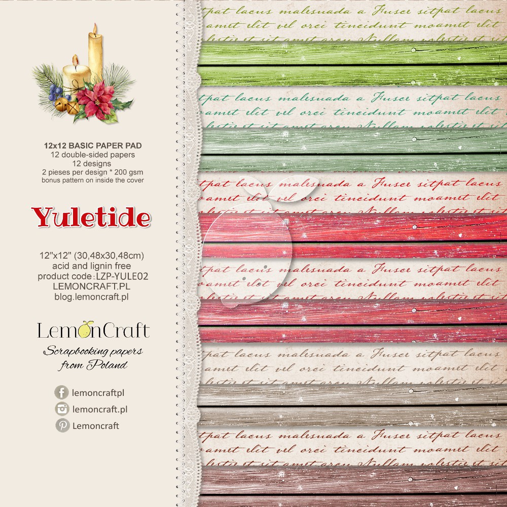 Набор двусторонней бумаги YULETIDE BASIC от Lemoncraft, 30x30 см, 12 листов+бонус, плотность 250 гр/м2