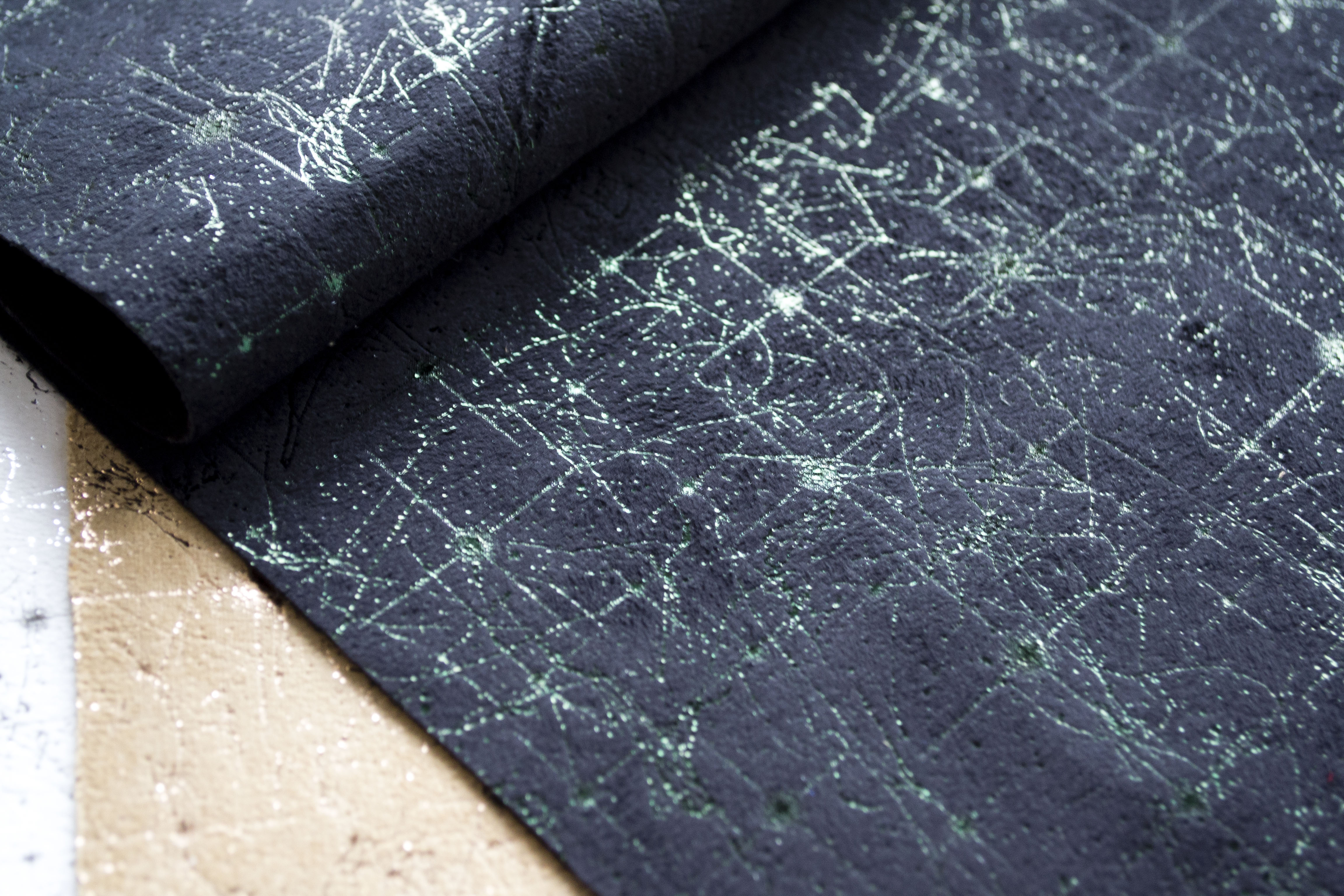 Флисовая ткань с фольгированием, "Паутинка", Черный+зеленый, 35х70 см