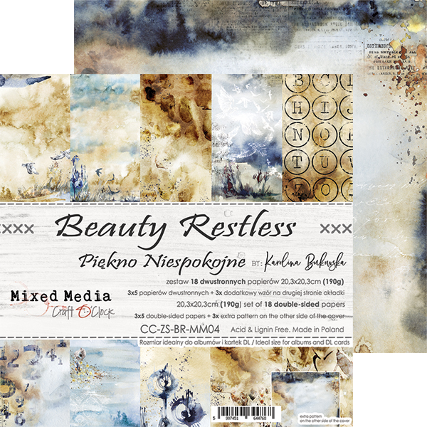 1/3 набора двусторонней бумаги BEAUTY RESTLESS 20,3x20,3 см, 190 гр, 5 л.+ бонус, от Craft O'Clock