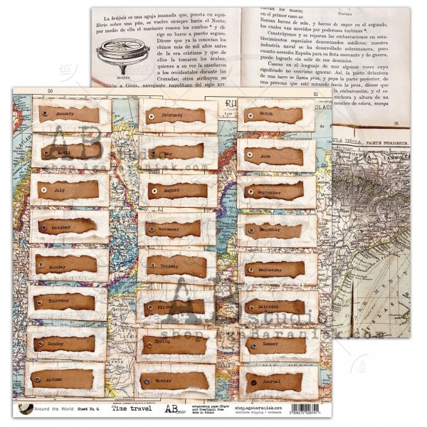 Лист двусторонней бумаги "Time trave"- sheet6- к коллекции "Around the world", 30,5х30,5 от AB Studio, плотность 250 гр/м2