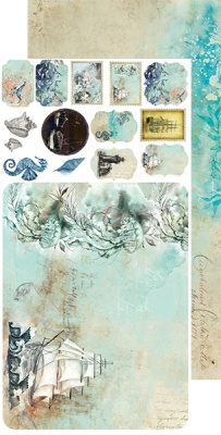 Набор бумаги с элементами для вырезания Junk Journal  OCEAN  DEEP 15,5x30,5cm, 250 гр./кв.м,  12 л. (6х2), от Craft O'Clock